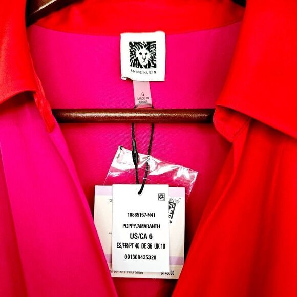 NWT Anne Klein Long-Sleeve Collared Color-Block Satin Faux-Wrap Midi Dress 6 - Picture 4 of 10